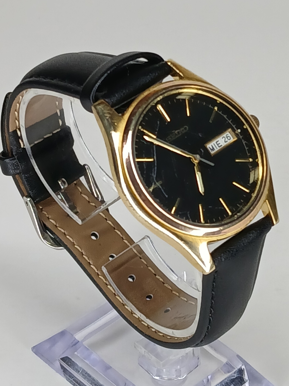 Seiko Black Dial Gold Case Leather Strap Watch - Black